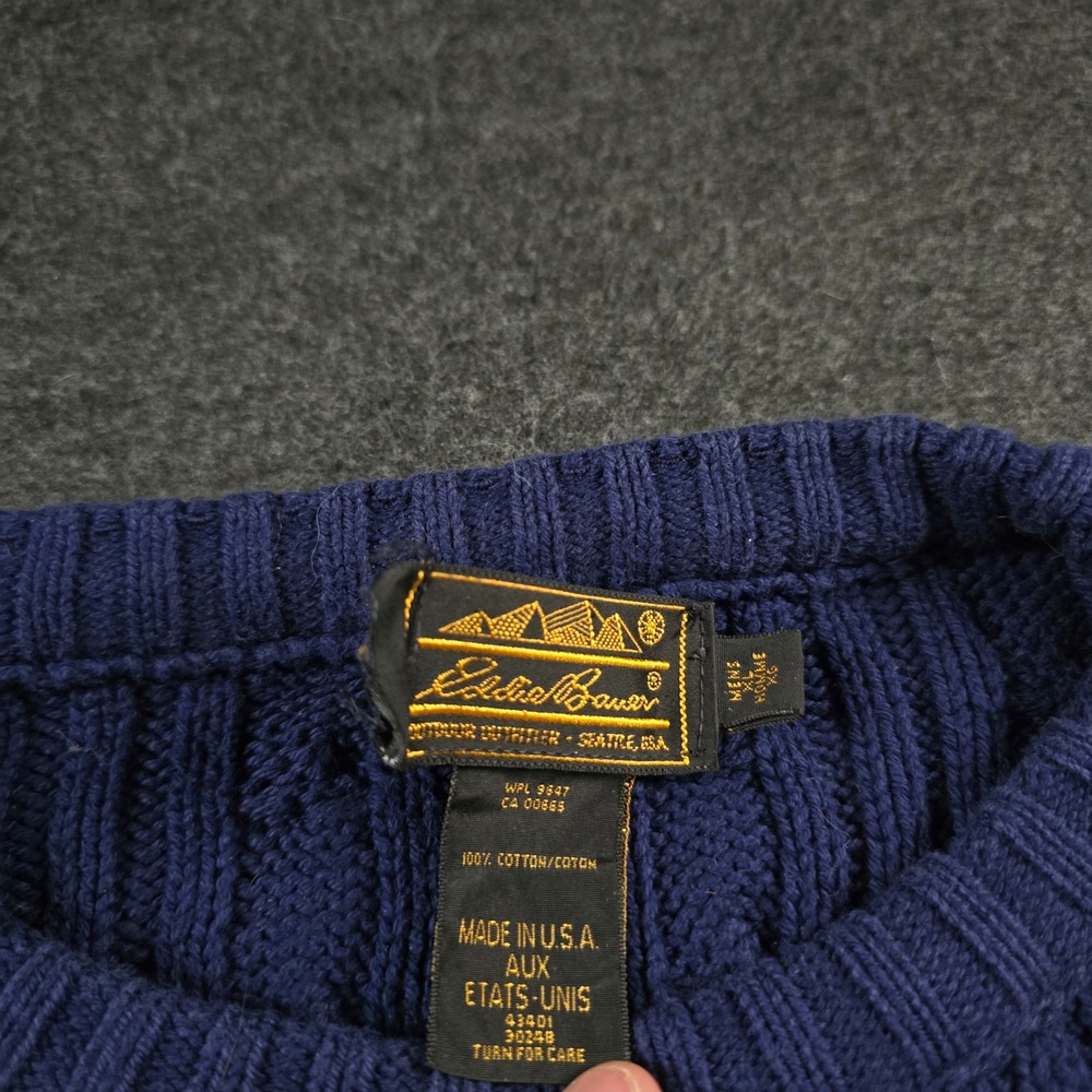 Vtg Eddie Bauer Cable Knit Sweater Blue Fisherman Cotton Made in USA 90s Mens XL - Picture 2 of 9